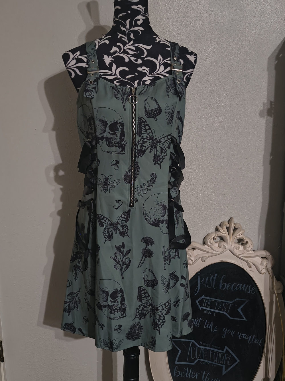 Green Skull & Butterfly Zip-Front Dress